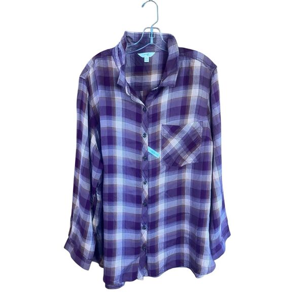 Terra & Sky Womans Plaid Button zip blouse Sz 3X NWT - Picture 1 of 7